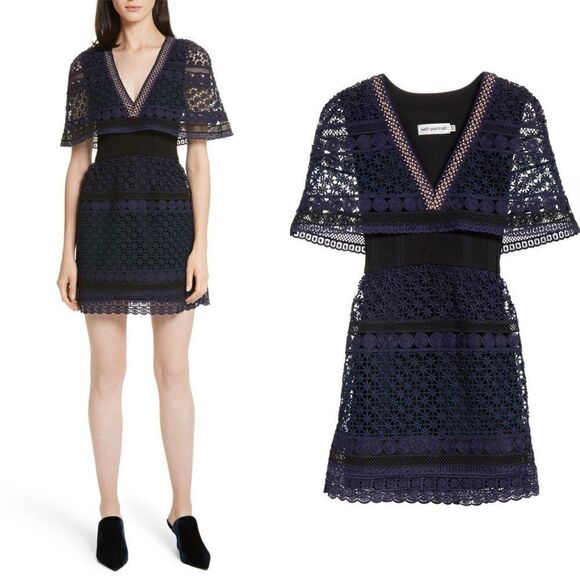 NWT SELF PORTRAIT Guipure Cape lace dress in blue - Picture 1 of 14